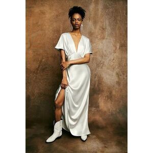 NEW FREE PEOPLE BEATRICE SATIN PLUNGE MAXI DRESS GOWN IN WINTER FOG SILVER